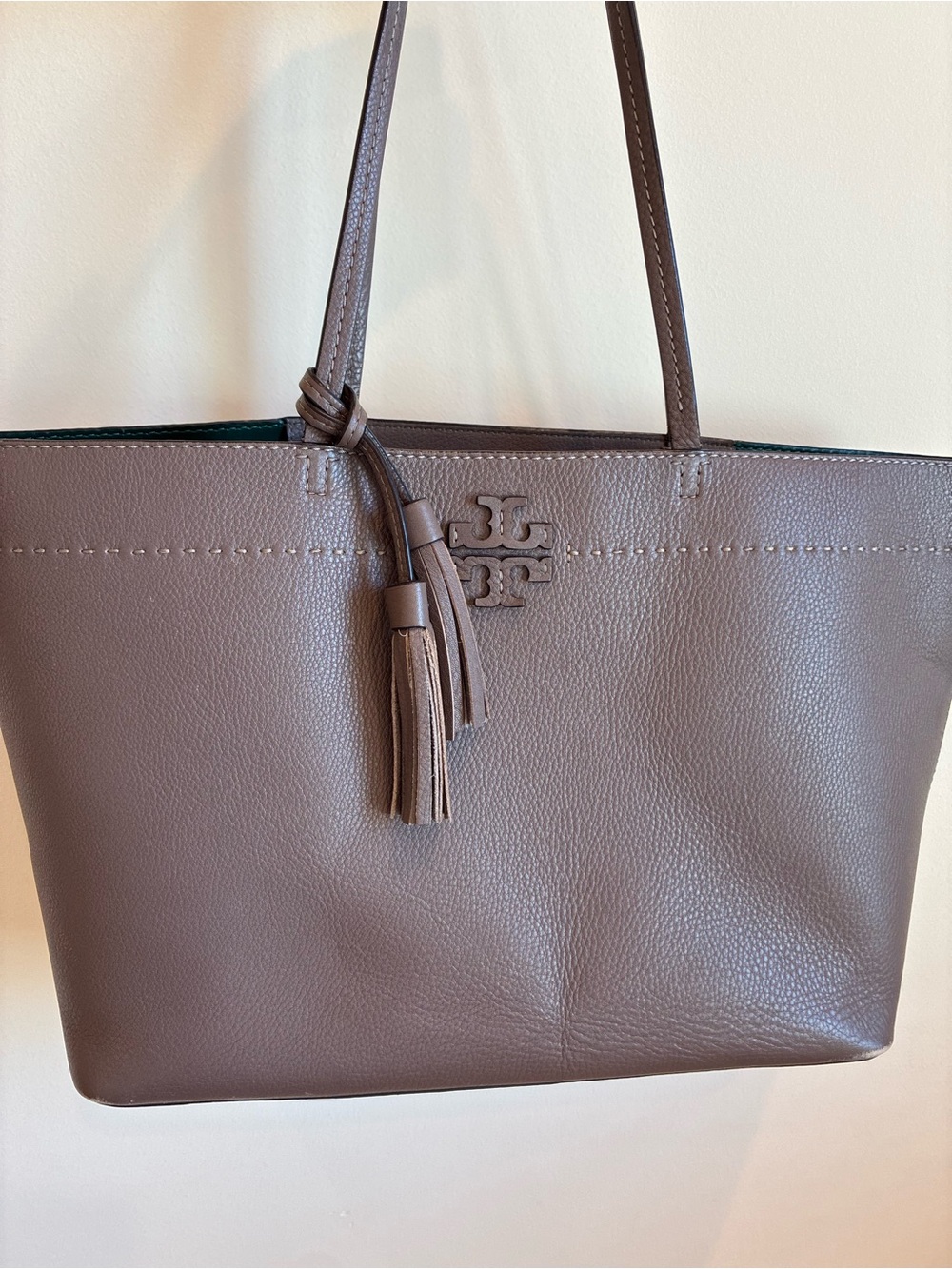 Tory Burch McGraw Pebbled Leather Tote Taupe or Light Brown Large with Tassel